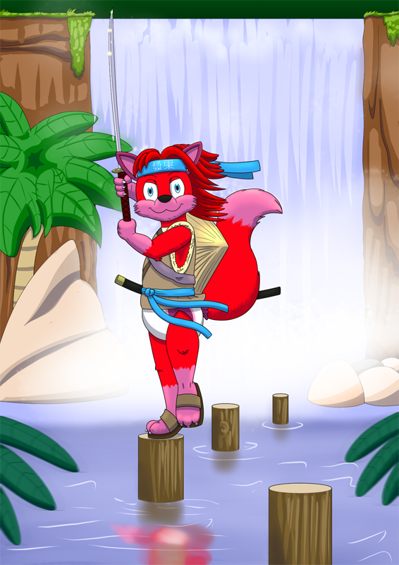 Berry wielding his sword as a ronin, training before a waterfall