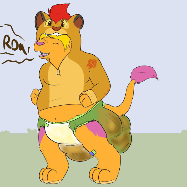 Friar dressed as Kion from Lion Guard in a messy diaper