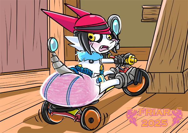 Gatchmon in a poopy diaper on a trike