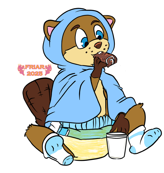 Pax the Beaver eating a swiss roll with a glass of milk