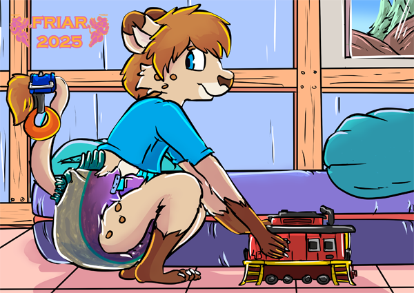 Toffee playing with a train