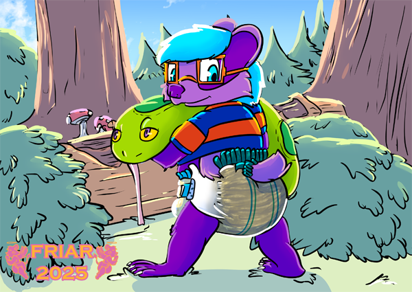 Everett carrying his snake plushie in the forest