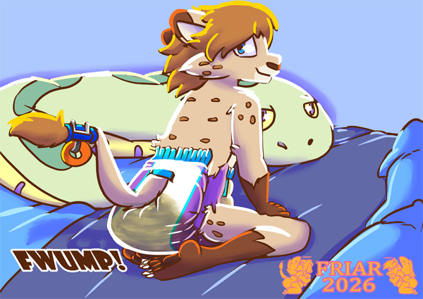 Toffee kneeling on Everett's bed