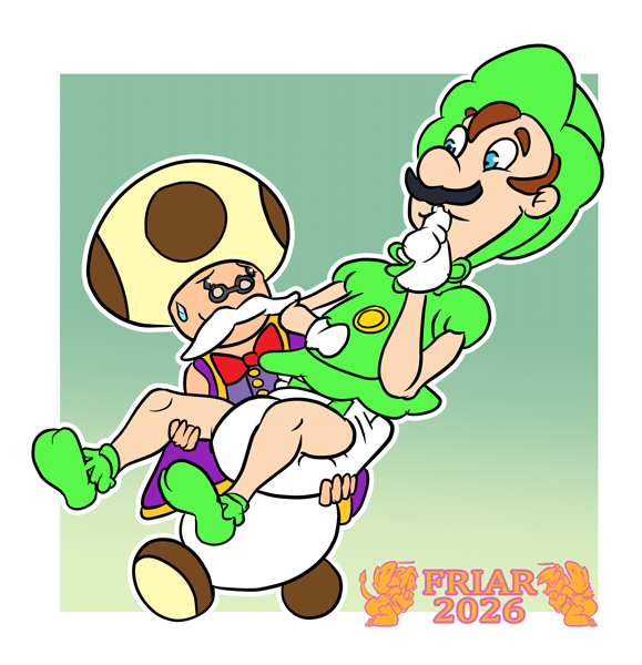 Toadsworth carrying adult baby Luigi