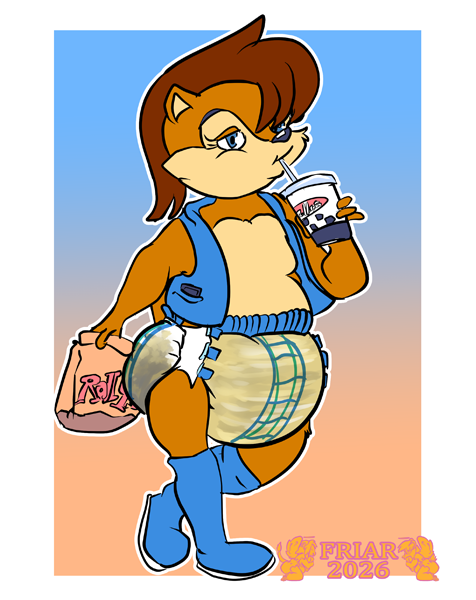 Sally Acorn looking pleasantly plump and drinking a soda from Rally's