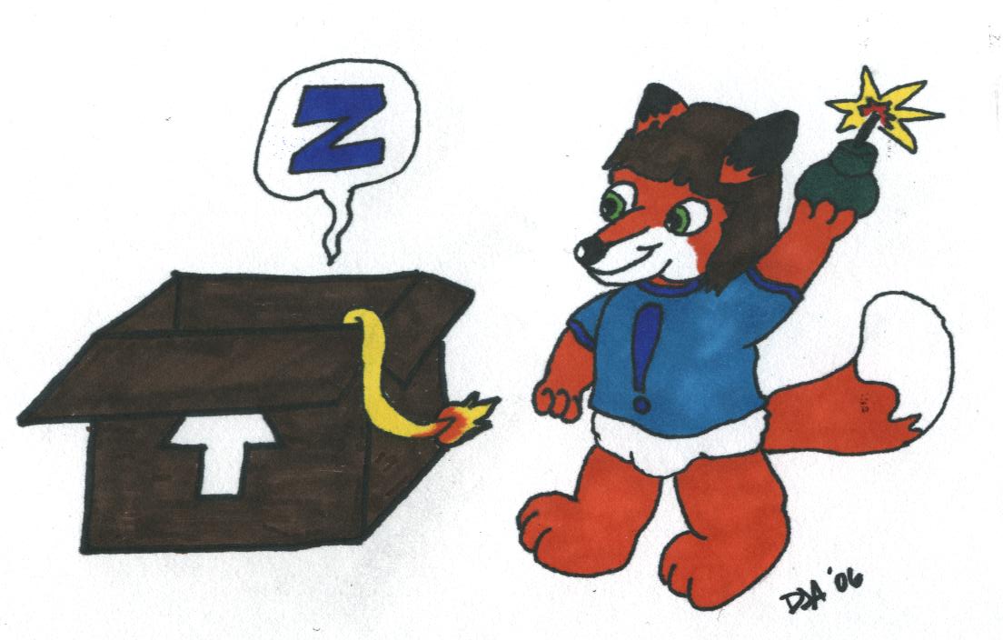 OzzyFox dropping a bomb into a cardboard box with a lion tail poking out