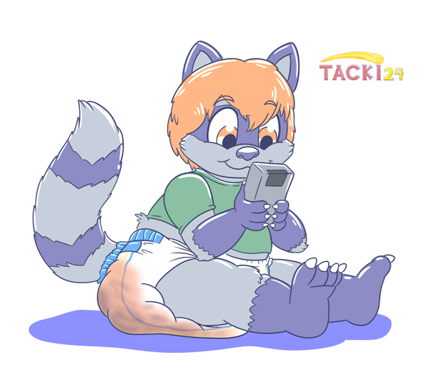 Tylahn in a messy diaper playing Game Boy